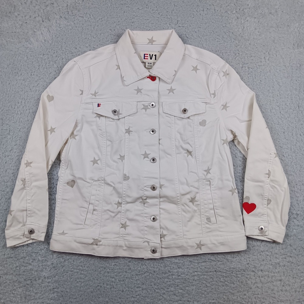 EV1 Jacket Trucker Women M White Star Heart Print Stretch Denim EV26099C1